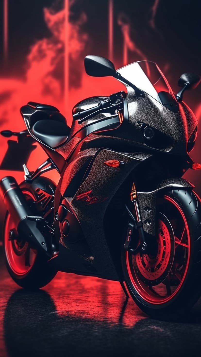 Black sportbike with glowing red rims and fairing details parked against a blurred background of fiery embers.