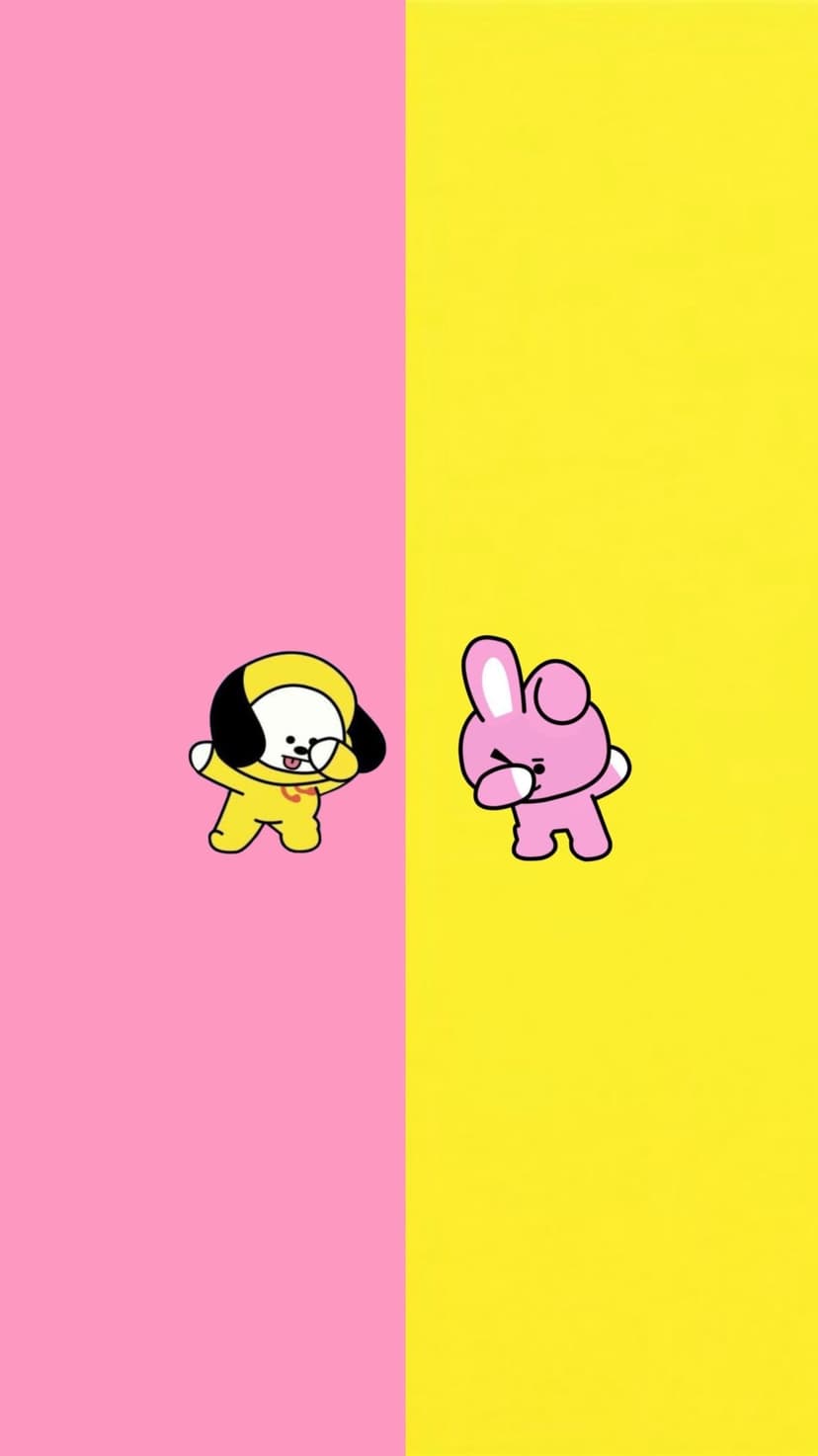 Chimmy the yellow puppy and Cooky the pink bunny pose on a vertically split pink and yellow backdrop.