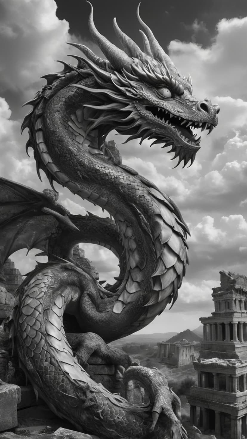 Dragon statue with sharp teeth and scales coiled on ancient stone pillars under a cloudy mountain sky.