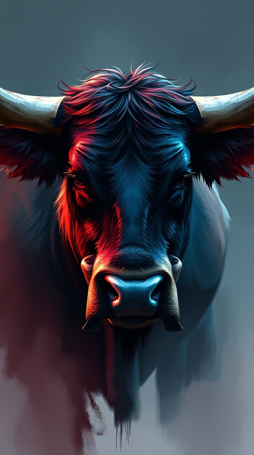 Bull with massive horns glows under red and blue neon lighting amidst thick smoke and dark atmospheric shadows.