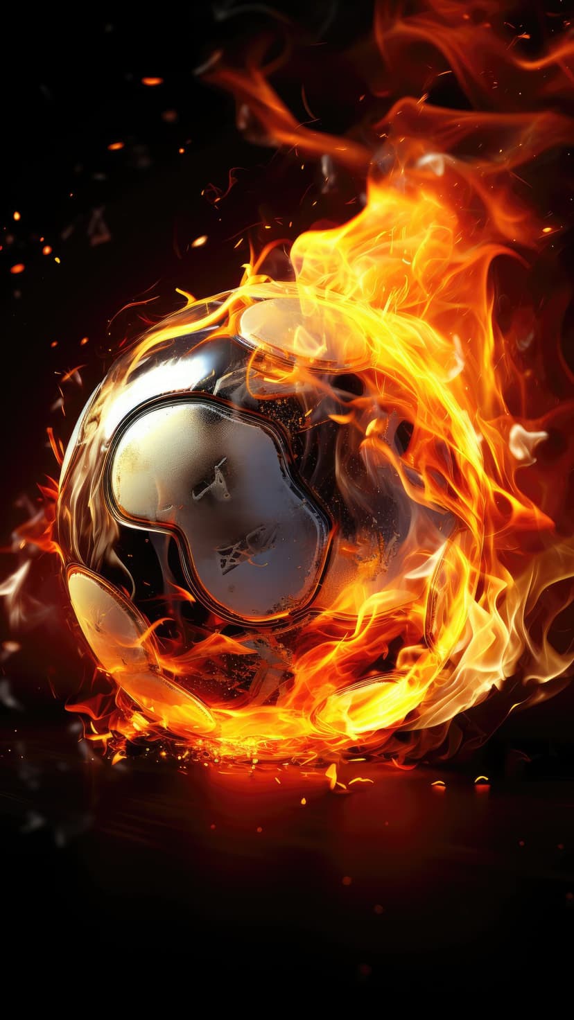 Soccer ball engulfed in swirling orange flames and sparks against a dark background for mobile screen displays.