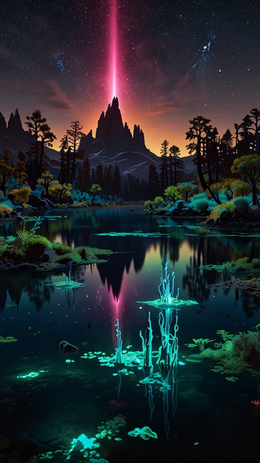 Jagged mountain peak emitting a pink light beam over a dark lake with glowing turquoise plants under a starry sky.