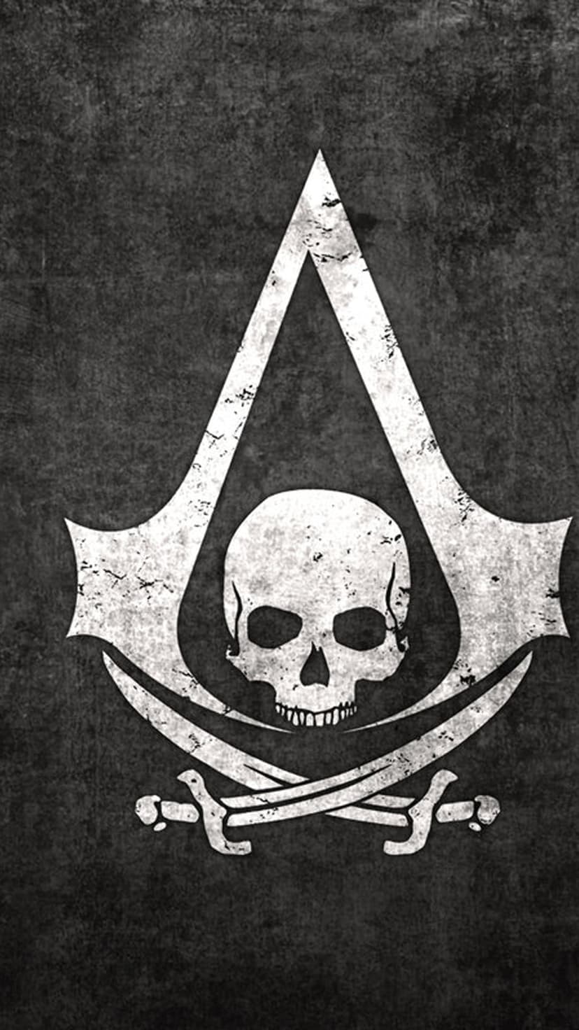 Skull emblem centered within a hooded logo over two crossed swords against a dark, stone-like surface.