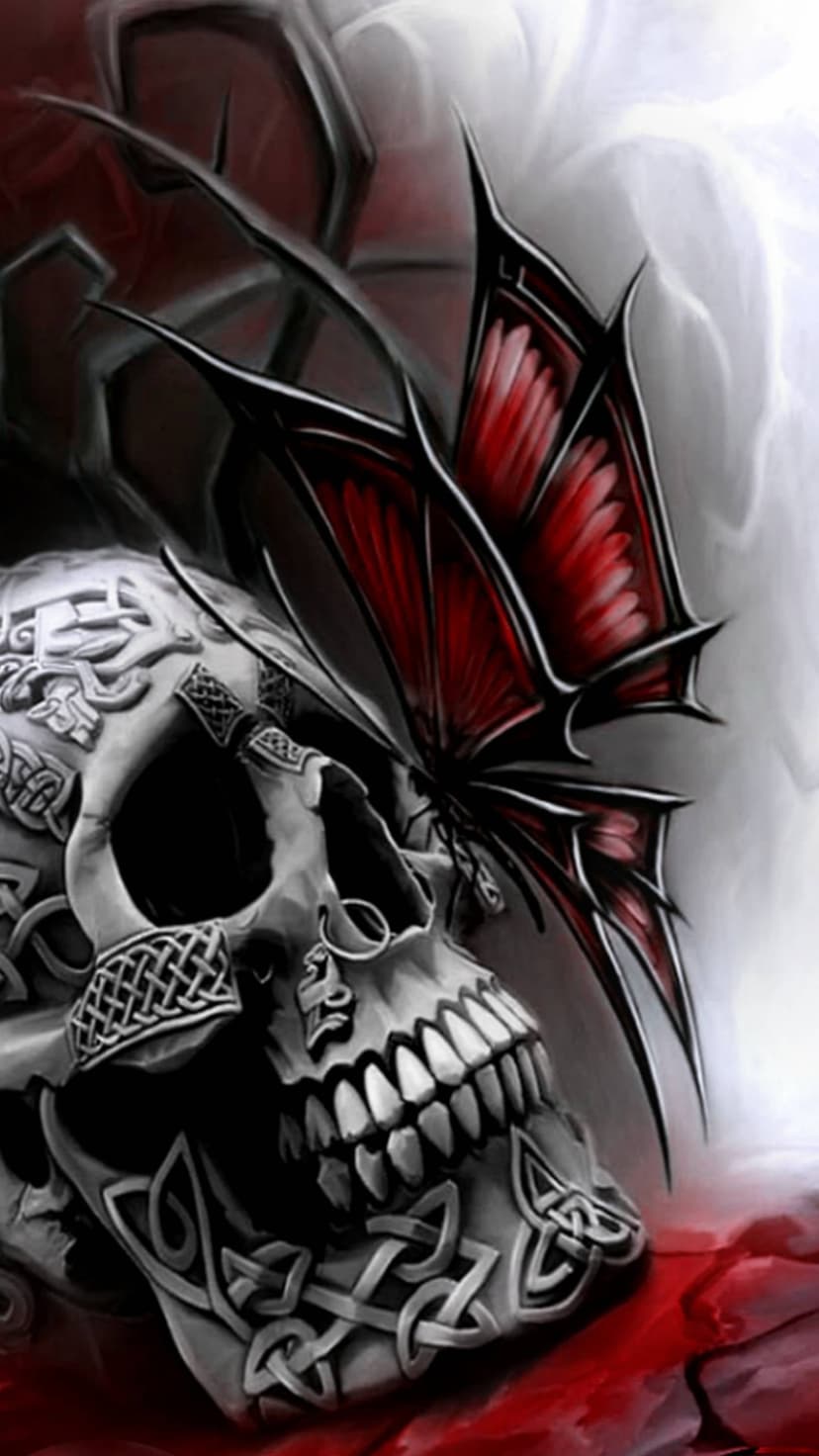 Carved skull with Celtic engravings and large red dragon wings against a deep crimson and black background.
