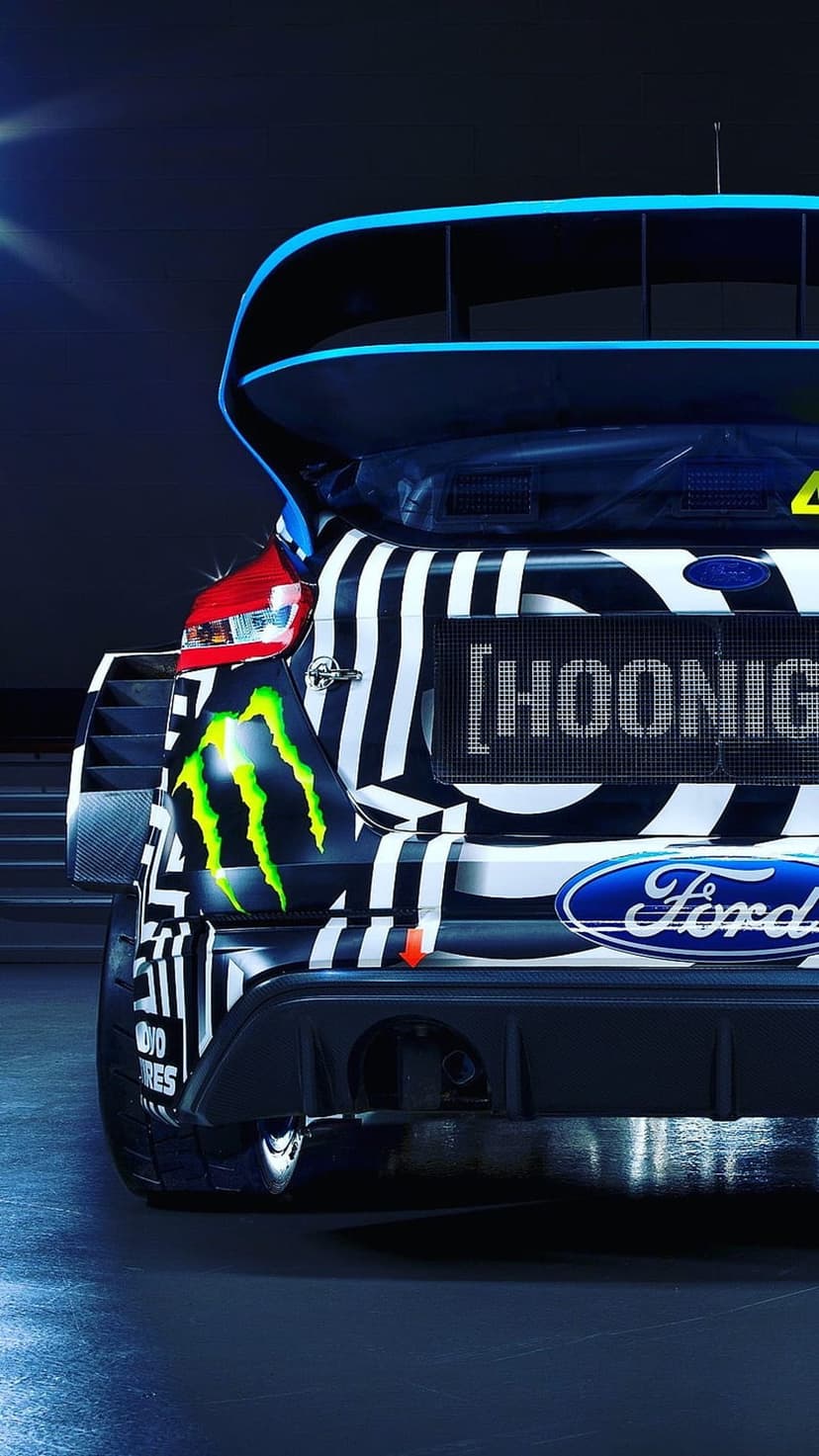 Ford Fiesta rally car with black and white Hoonigan stripes and a green Monster Energy logo seen from the rear.