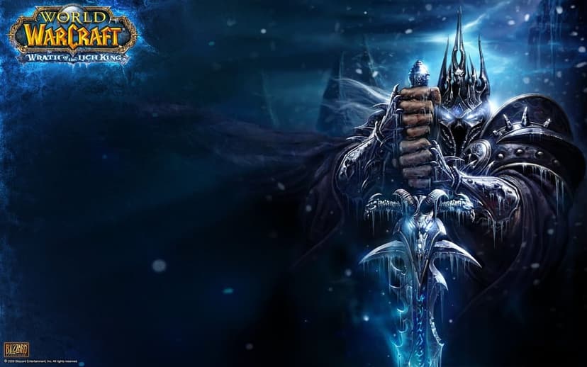 The Lich King Arthas holds the glowing Frostmourne sword amidst falling snow in a dark blue icy environment.