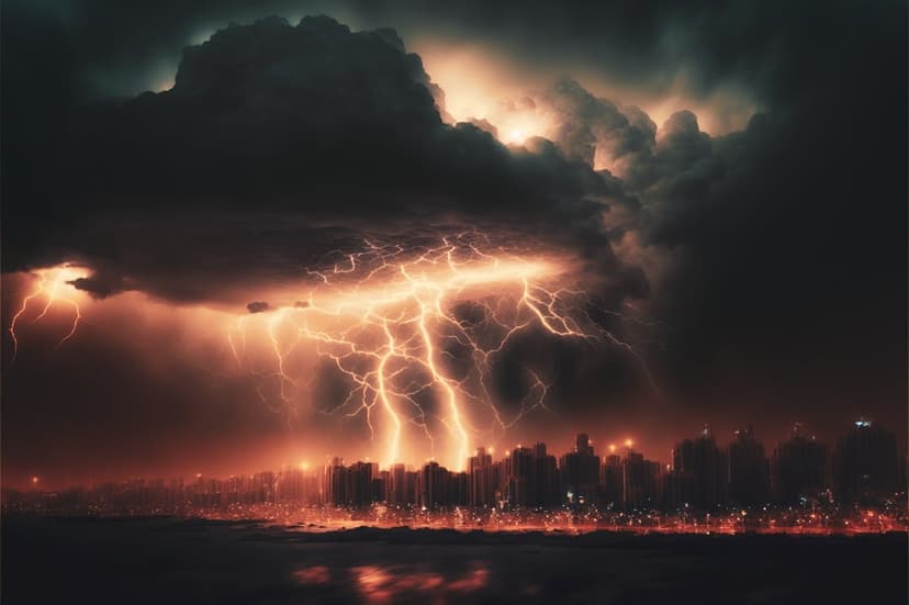 Branching orange lightning bolts strike above a dark city silhouette reflecting on water during a night storm.