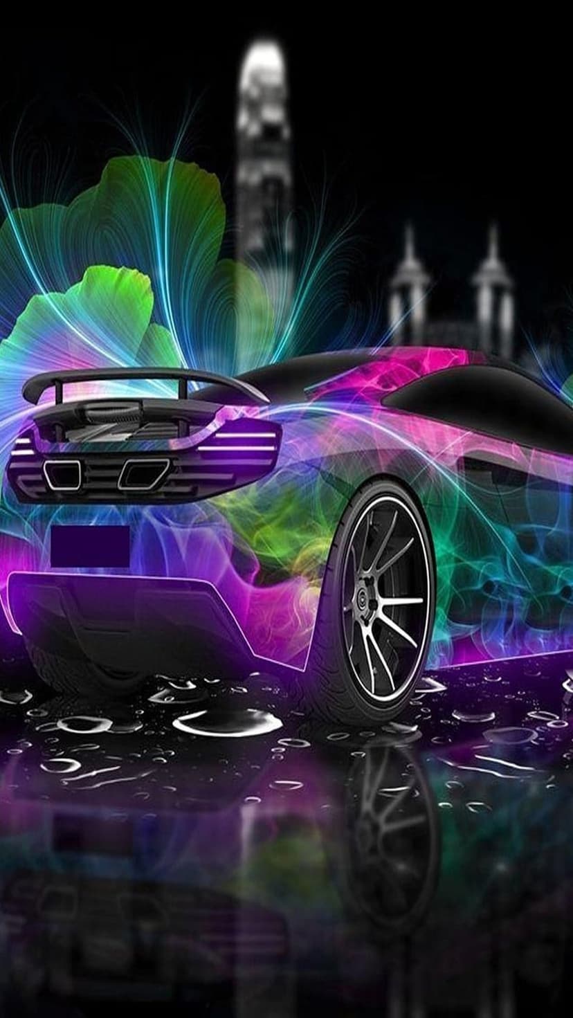 Supercar surrounded by swirling neon smoke and glowing floral patterns against a dark futuristic city skyline.