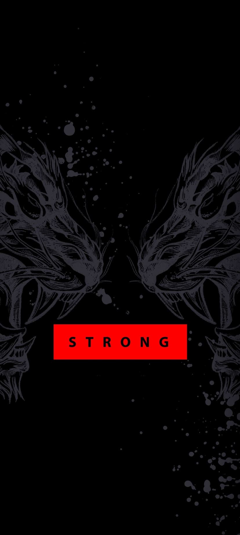 Two black dragons face each other with a red rectangle containing the word STRONG on a splattered background.