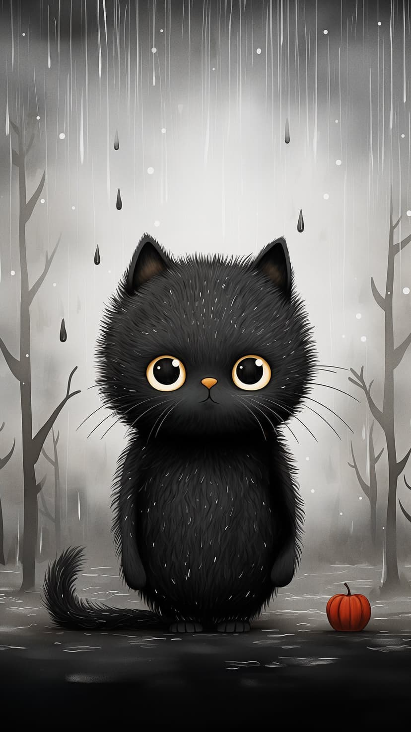 Black kitten with large sad eyes sits in puddles next to an orange pumpkin under falling rain and bare trees.