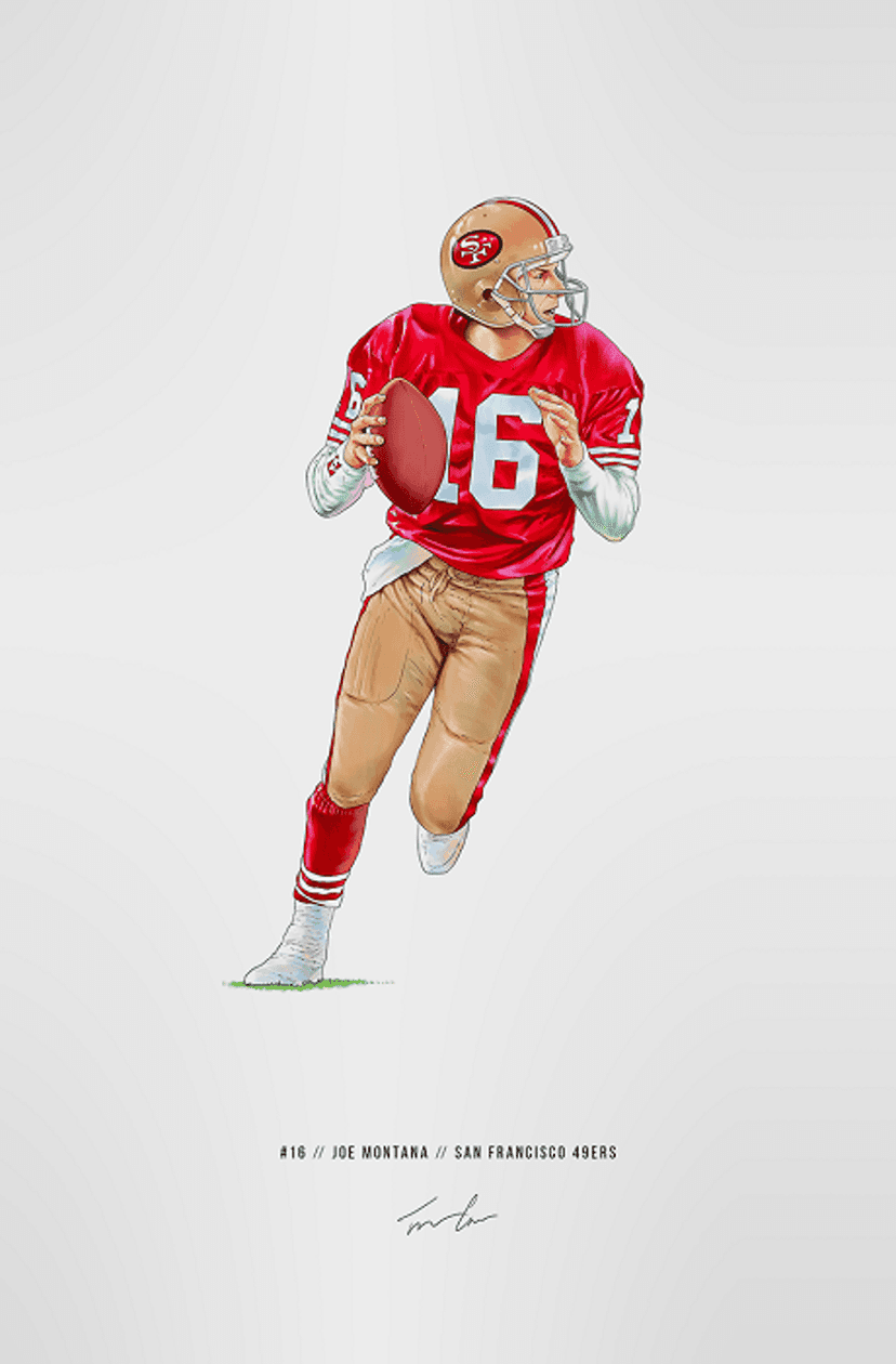 Joe Montana in a red 49ers uniform holding a football against a white backdrop with stylized text.