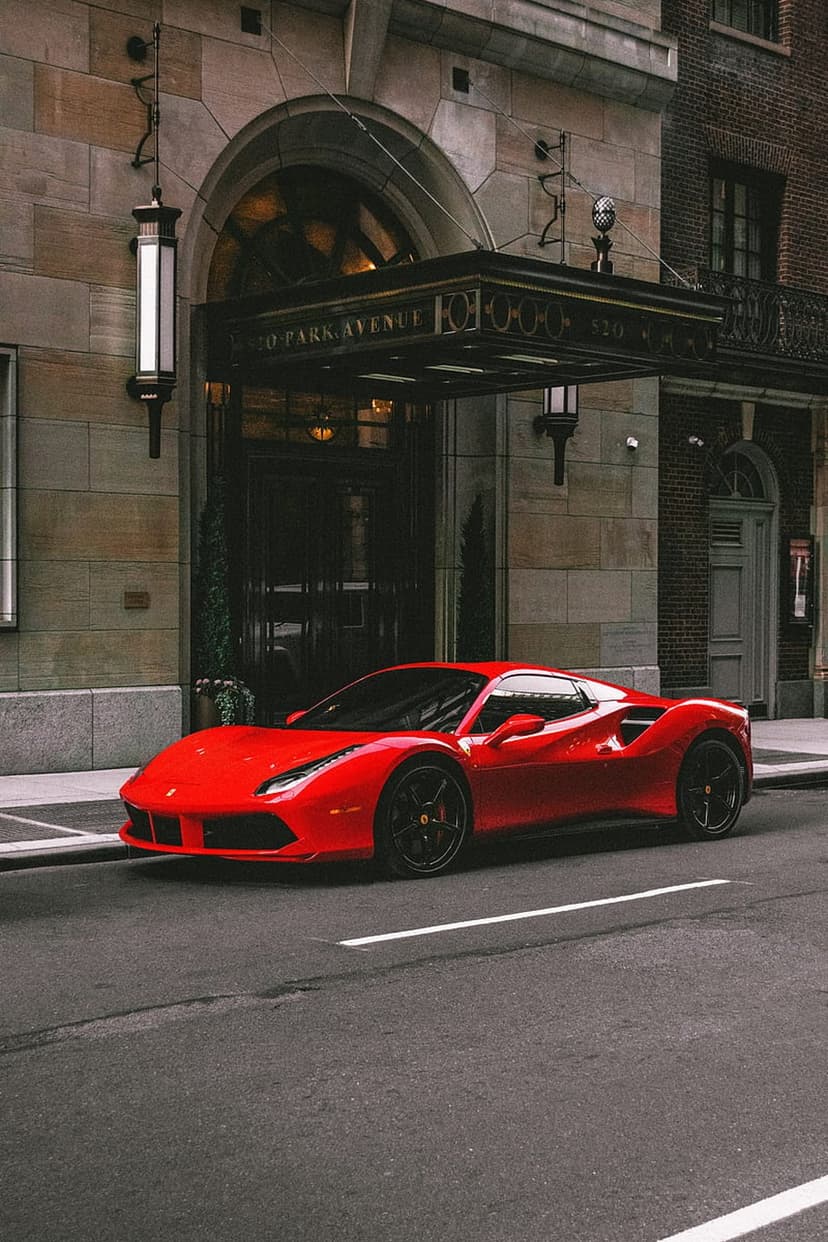 Red Ferrari sports car parked by the ornate stone entrance of a luxury Manhattan building in an urban setting.