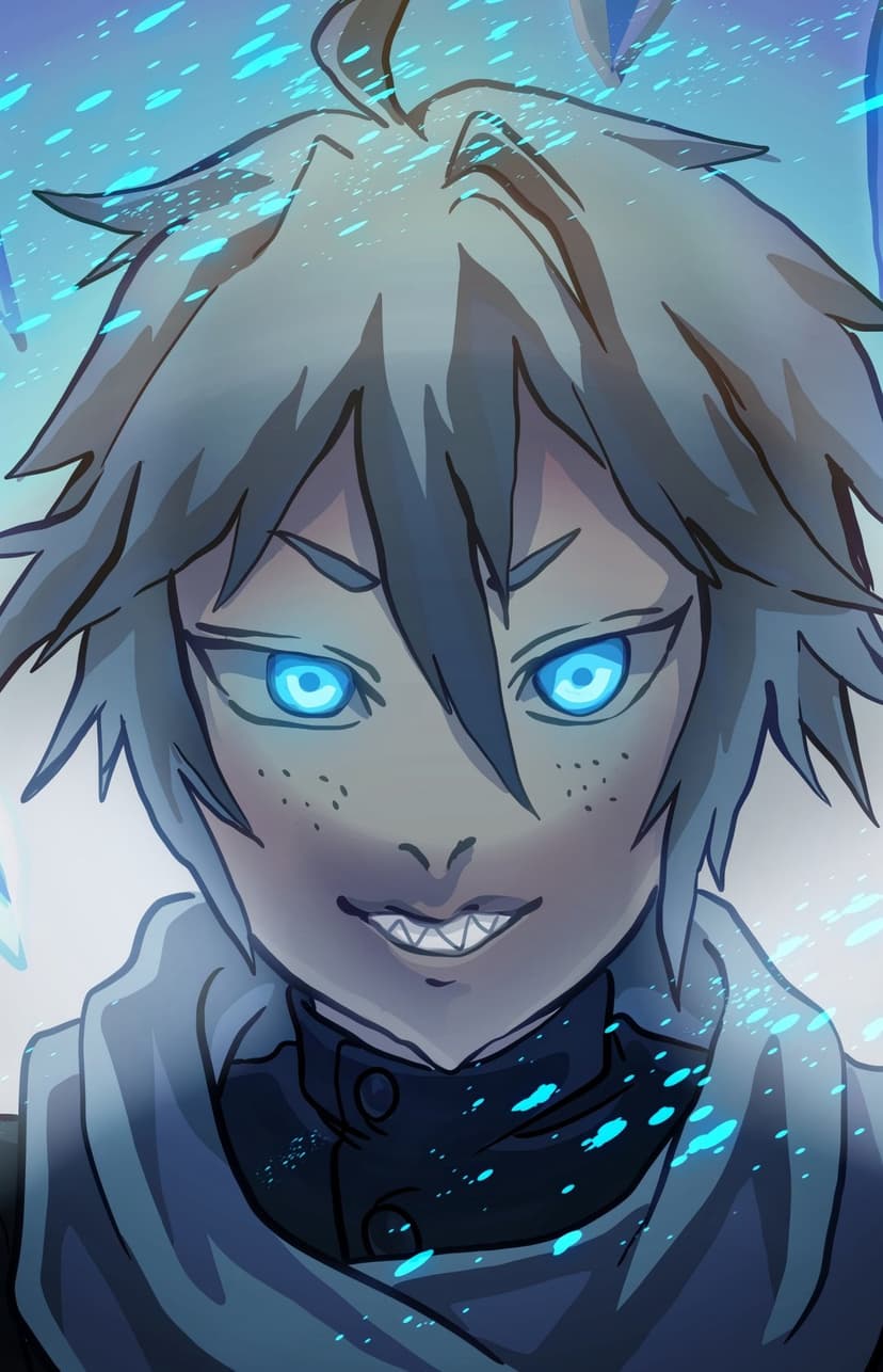 Anime character with glowing blue eyes, spiky silver hair, and sharp teeth grins within blue energy sparks.