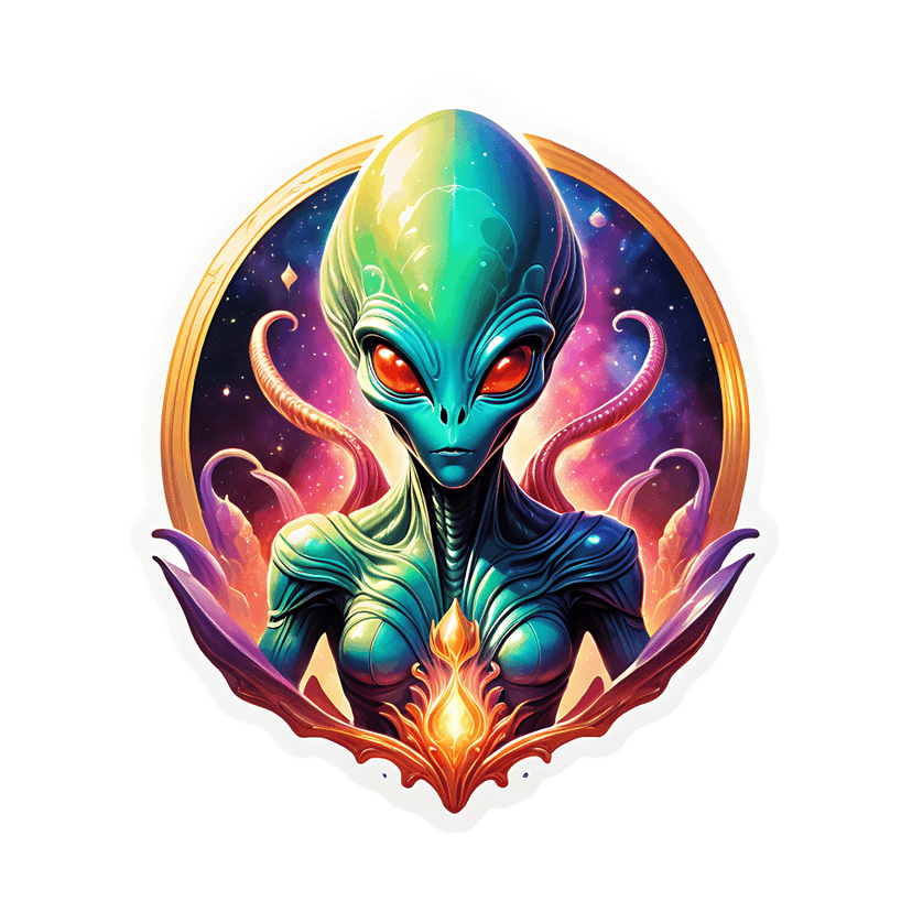 Alien emblem with green segmented body and red eyes centered in a gold frame against a purple space nebula.
