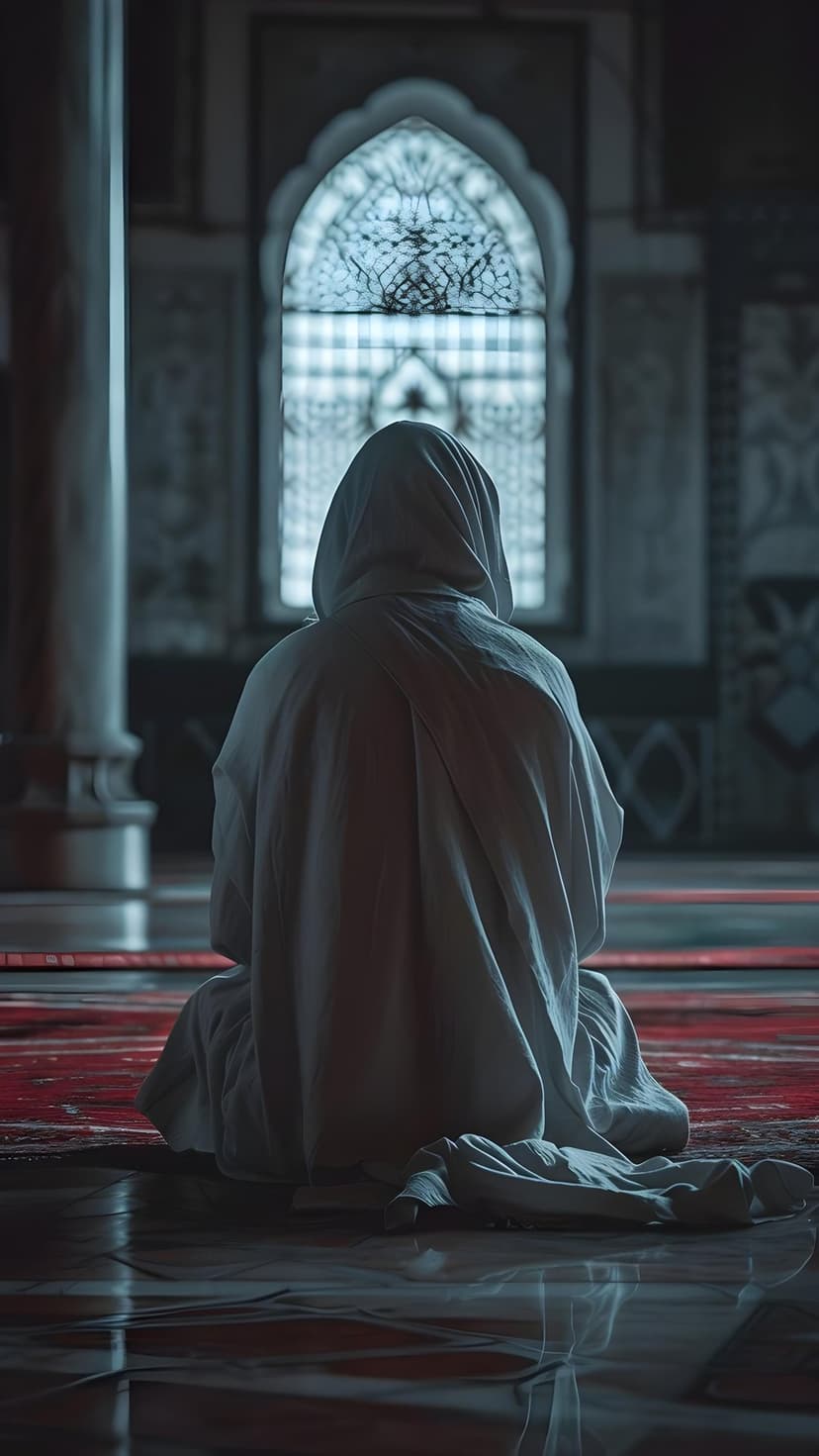Person in white garments praying on a red carpet inside a mosque with light from an ornate arched window.