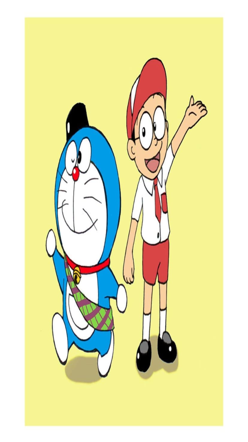 Doraemon and Nobita Nobi wearing red and white Indonesian school uniforms against a bright yellow background.