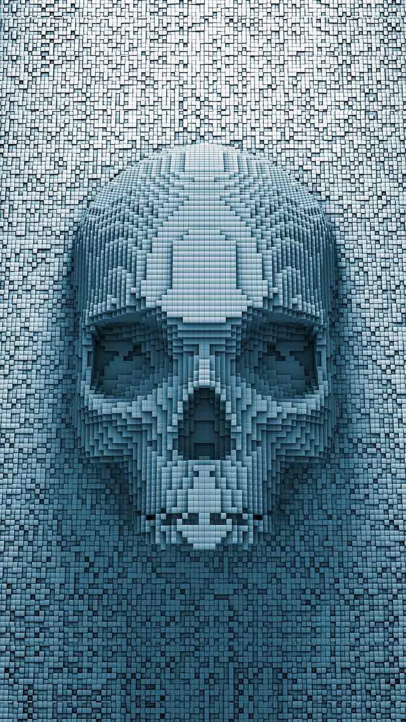 Pixelated skull composed of blue and grey cubes emerging from a textured cubic background with realistic 3D depth.
