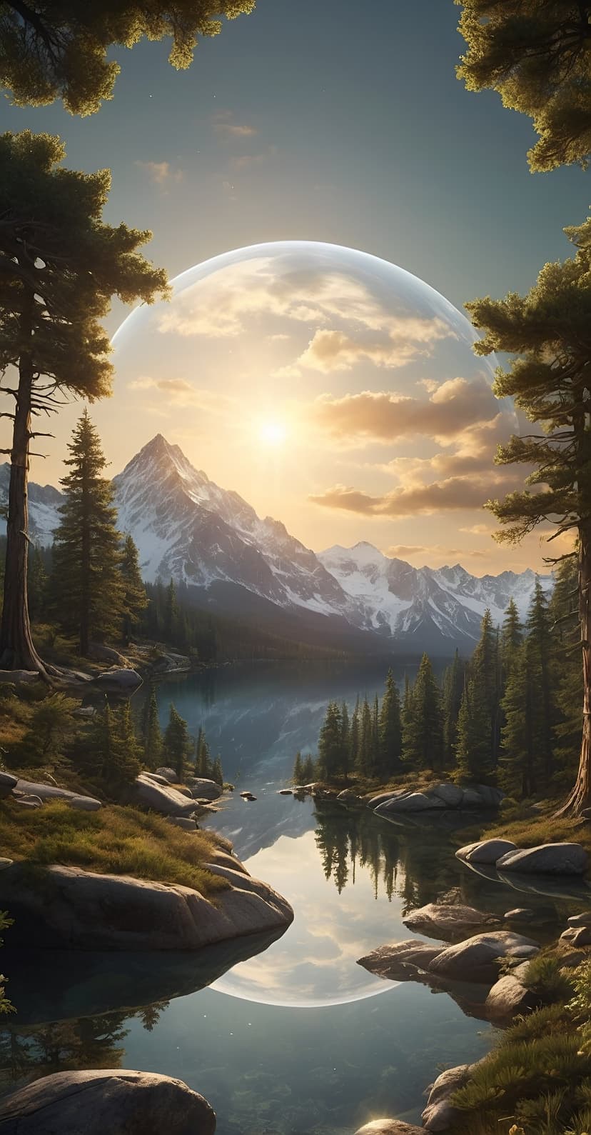 Giant moon reflecting in a still lake between snowy mountains and pine forests under a golden sunset sky.