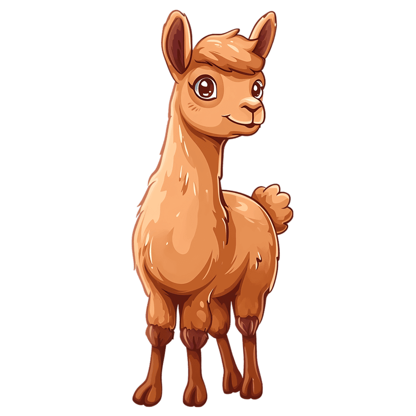 Llama cartoon character with light brown fur and a fluffy mane stands upright against a dark background.