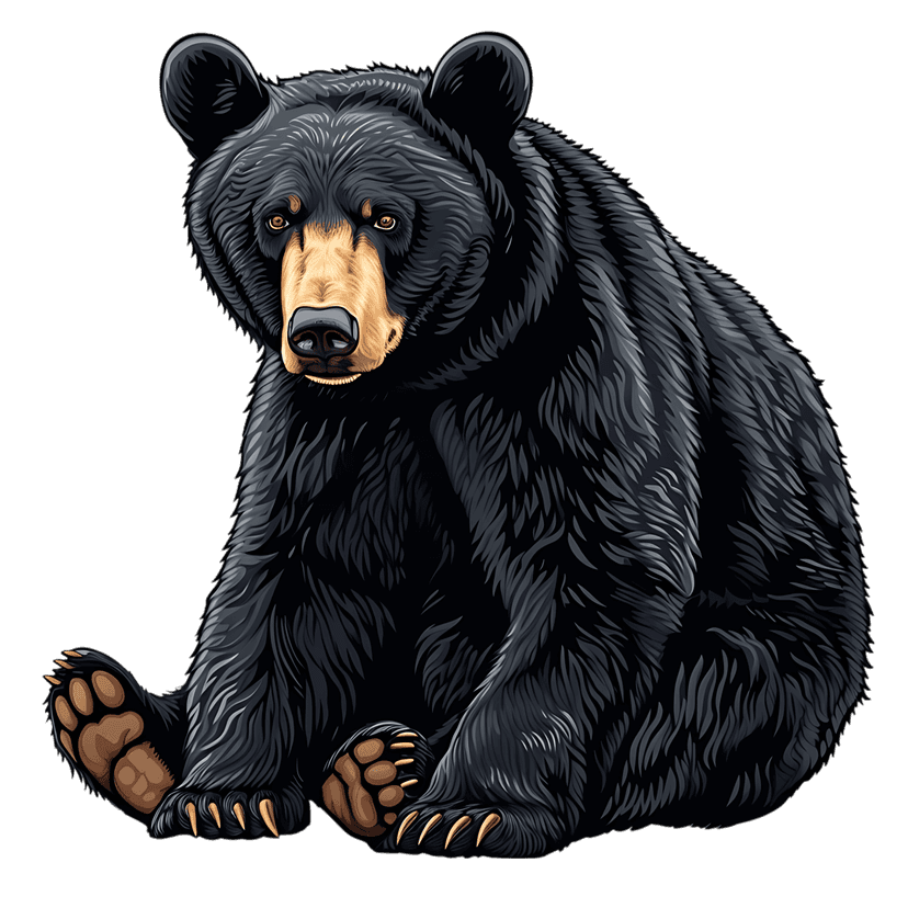 Black bear sitting with detailed fur texture and sharp claws against a dark background in a realistic illustration.