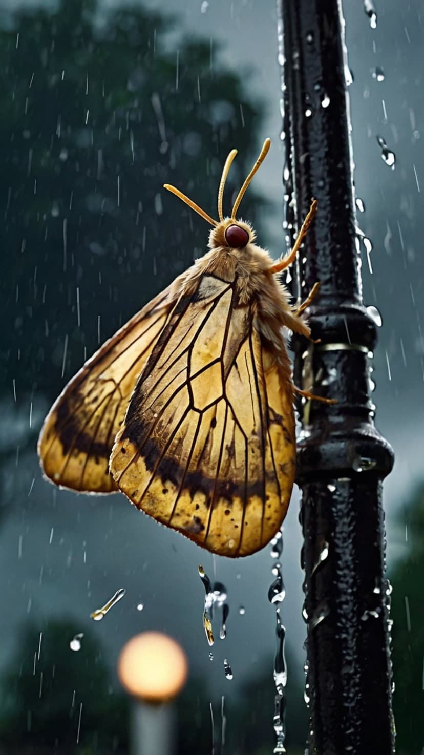Yellow moth with wet wings clings to a black metal lamppost while rain droplets fall in a macro close-up shot.