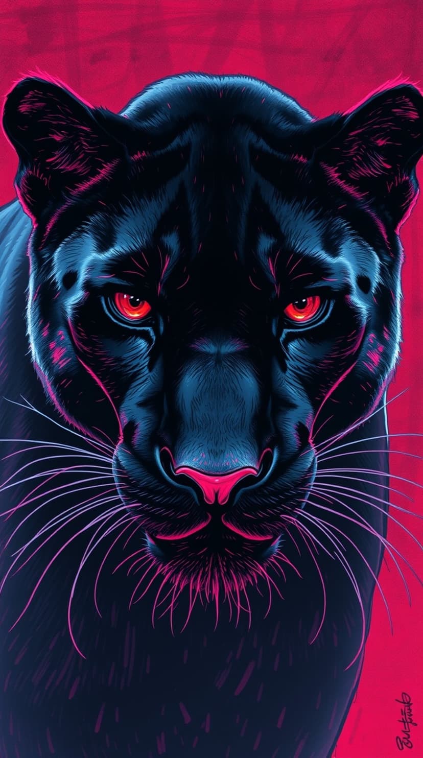Black panther with glowing red eyes and pink neon highlights stares forward against a solid magenta background.
