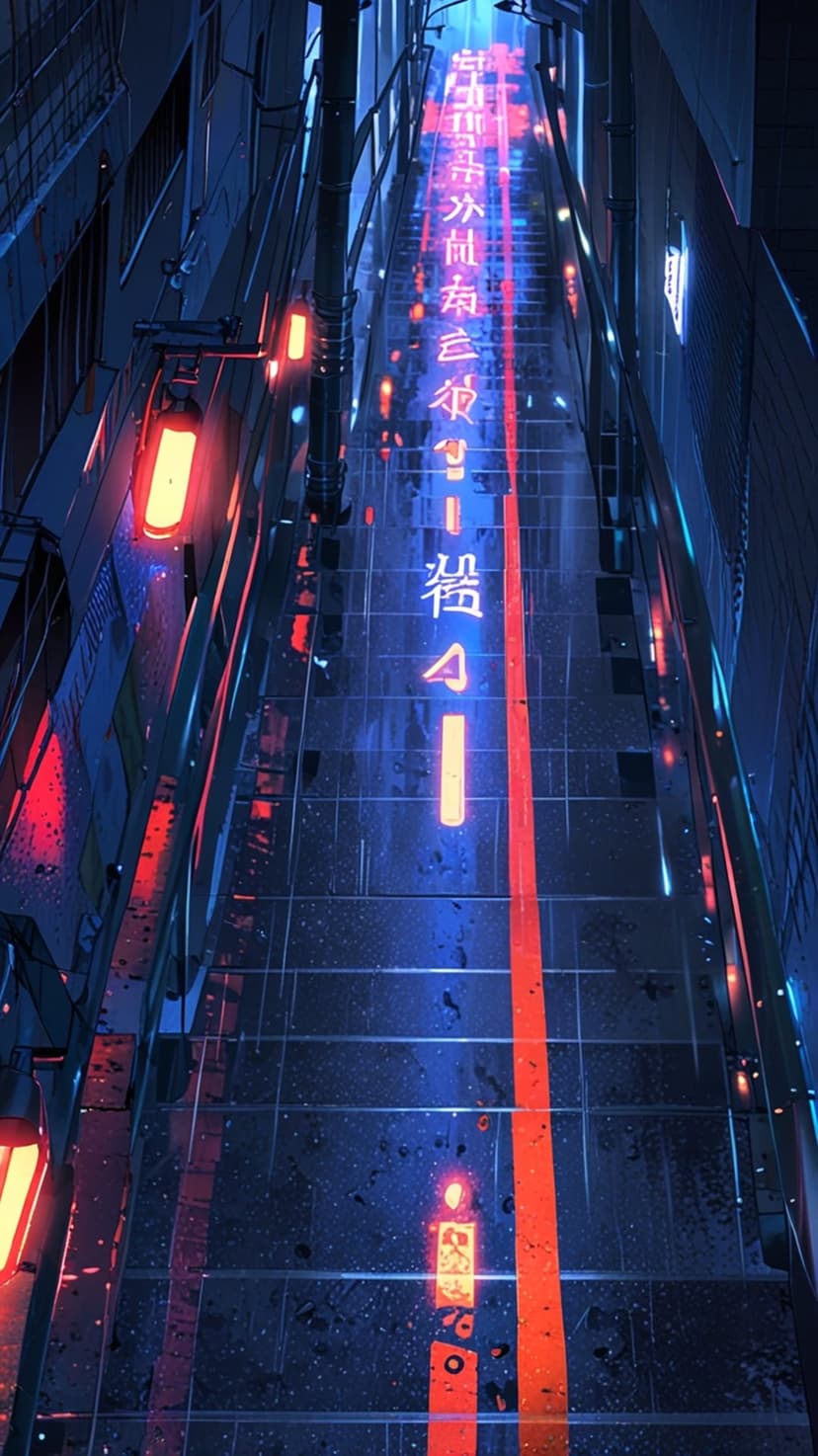 Narrow urban alleyway features glowing neon signs reflecting on a wet, rain-slicked street in a dark futuristic city.