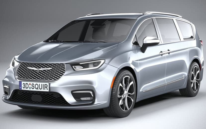 Silver Chrysler Pacifica Pinnacle minivan front three-quarter view with LED headlights and chrome accents in studio.