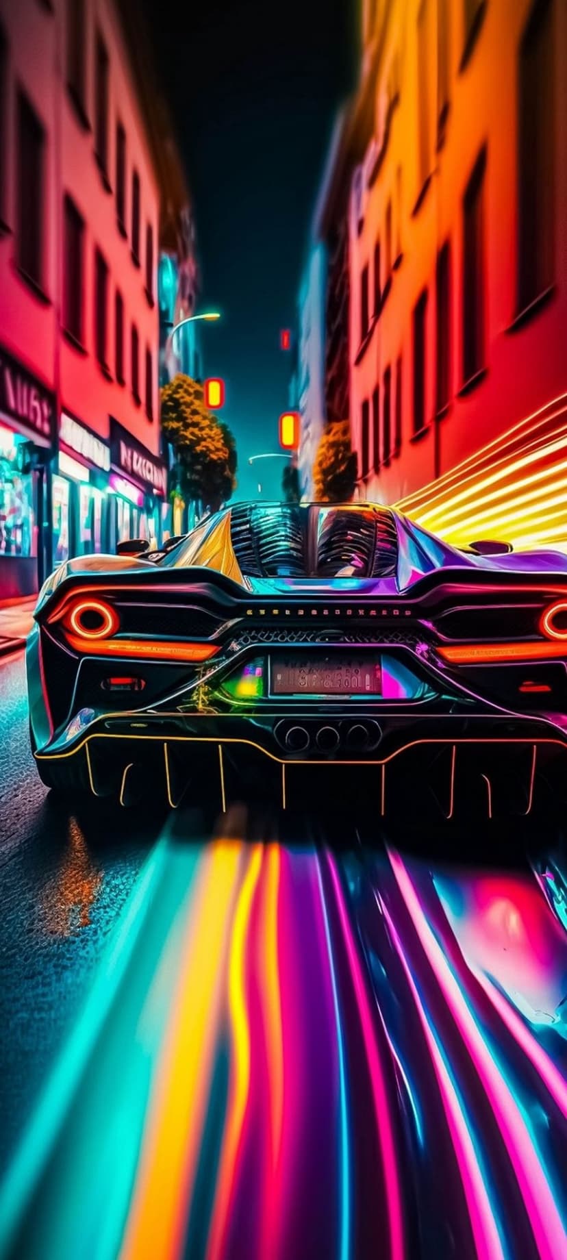 Futuristic sports car with neon blue rims speeds past glowing skyscrapers on a wet city street at night.