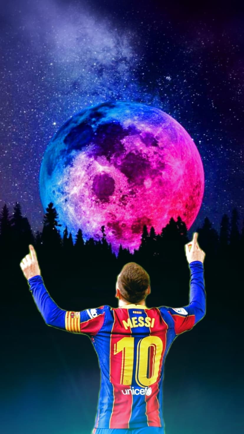 Lionel Messi in a number 10 jersey stares at a massive glowing moon within a starry indigo galaxy landscape.
