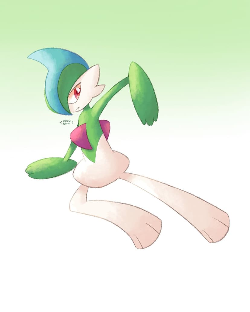 Gallade Pokémon in a dynamic pose with teal crest and green arm blades against a soft green gradient backdrop.