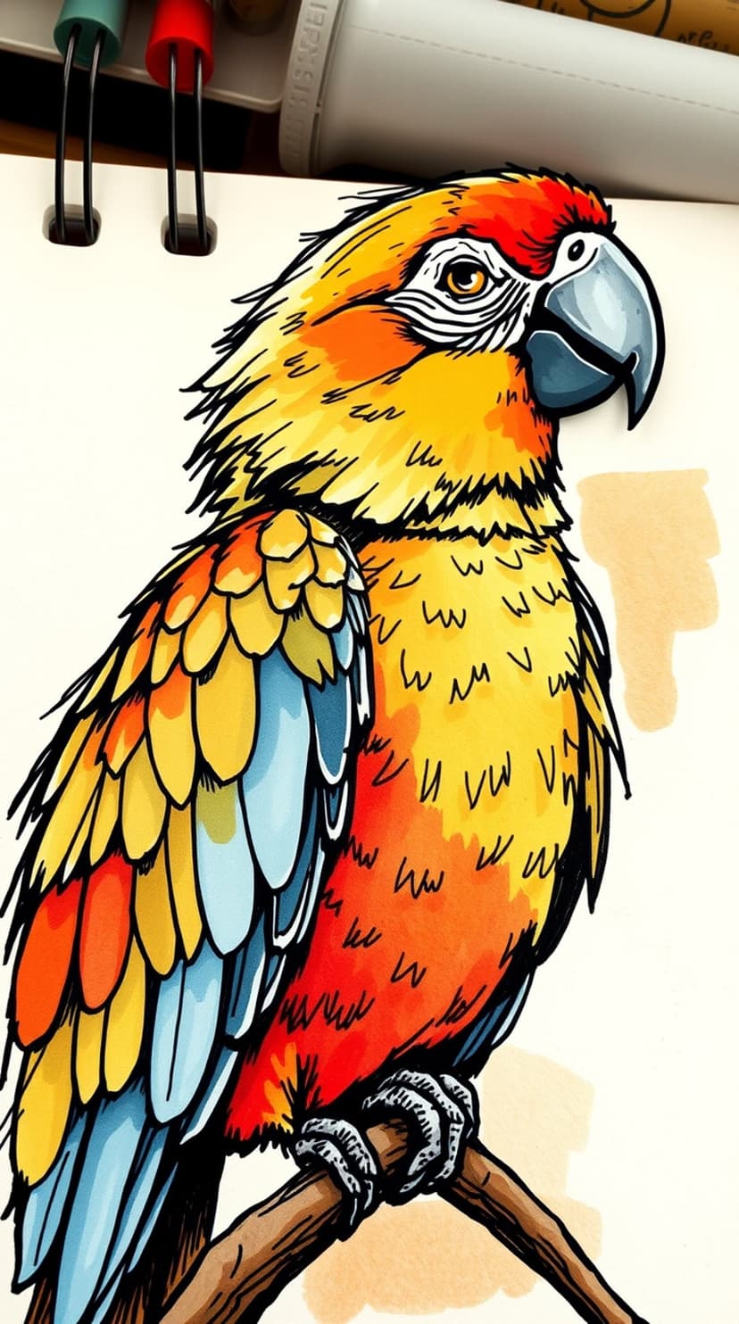 Parrot with orange and blue feathers sits on a branch next to drawing pens on a white creative workspace.
