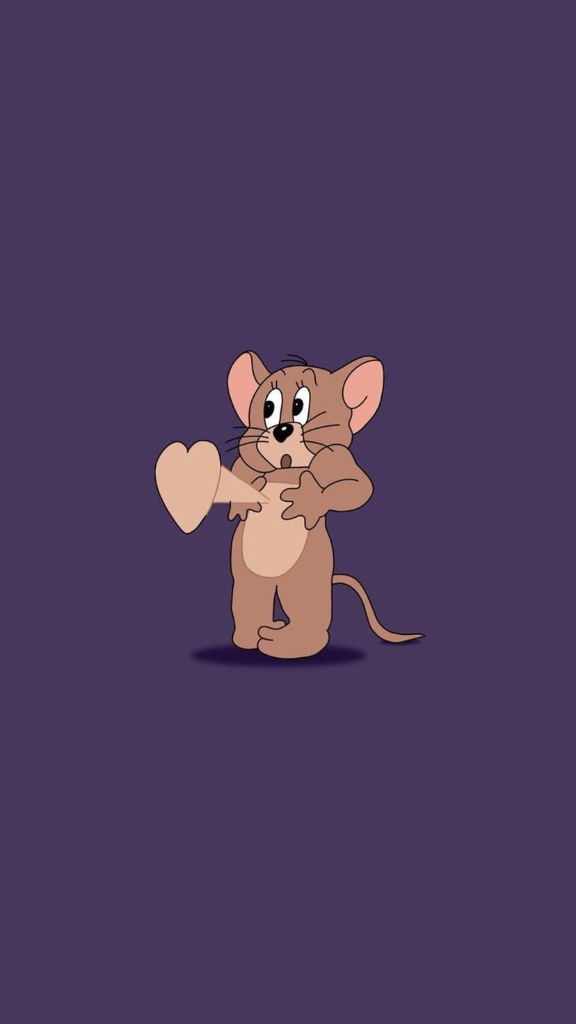 Jerry Mouse with wide eyes and a glowing pink heart on his chest against a solid dark purple background.