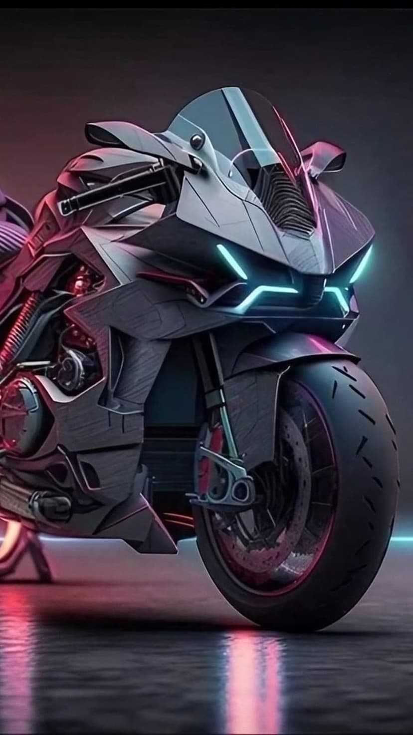 Matte black futuristic motorcycle with glowing blue LED strips and aerodynamic fairings on a dark background.