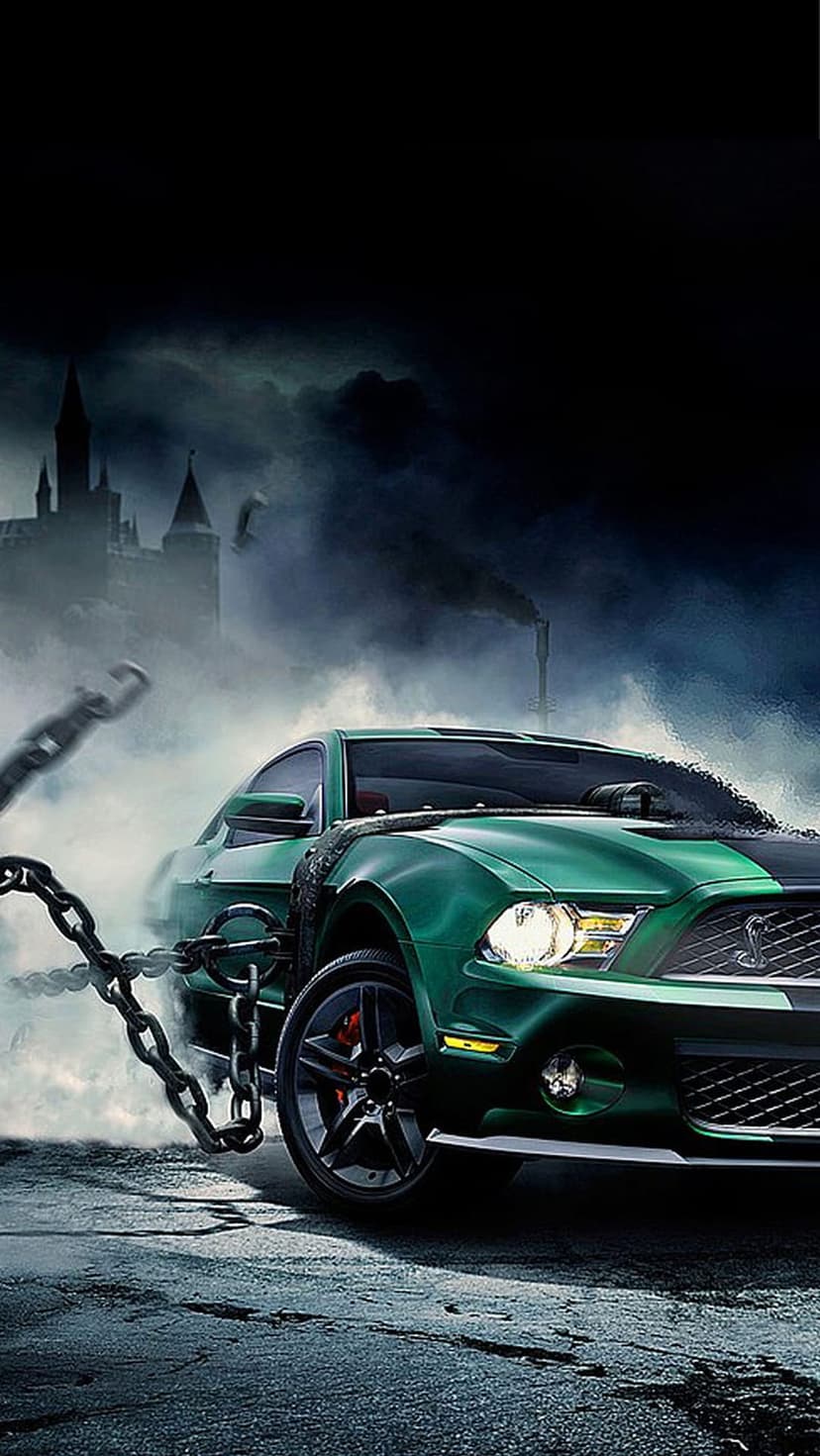 Green Ford Mustang dragging heavy iron chains on misty ground with a dark gothic castle in the background.