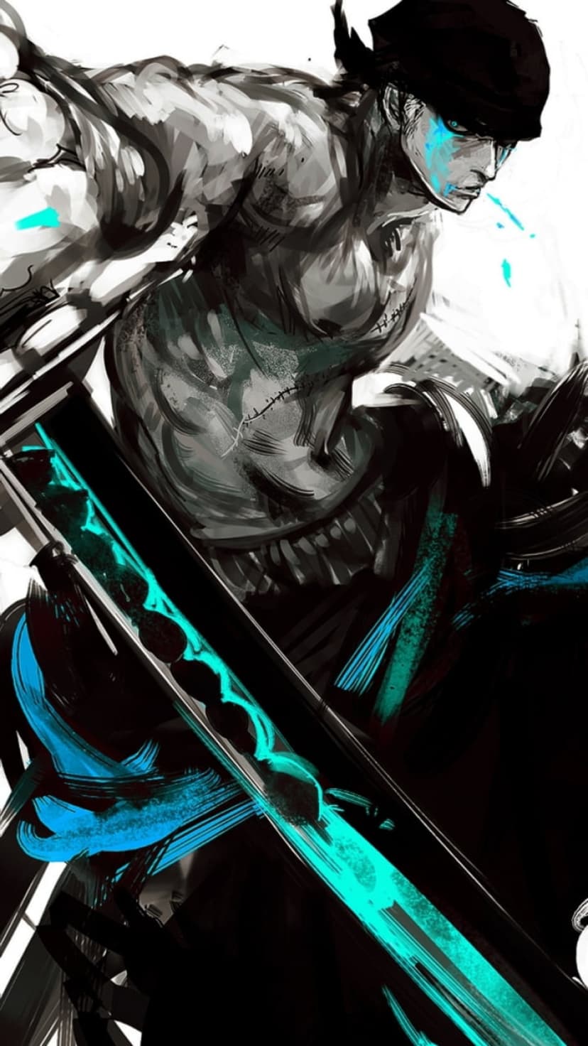 Roronoa Zoro stares forward with glowing cyan eyes and a matching radiant katana in a sketch-style portrait.
