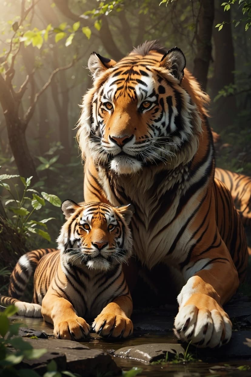 Adult tiger and cub reclining by a shaded forest creek with golden sunlight filtering through tropical leaves.