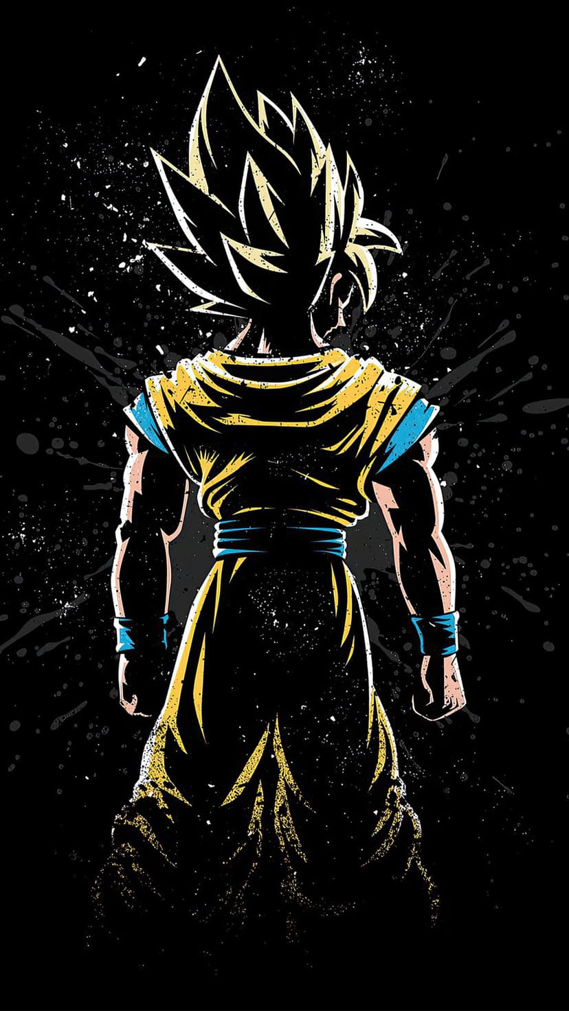 Goku stands with his back turned, featuring spiky yellow hair and blue gi over a splattered black background.