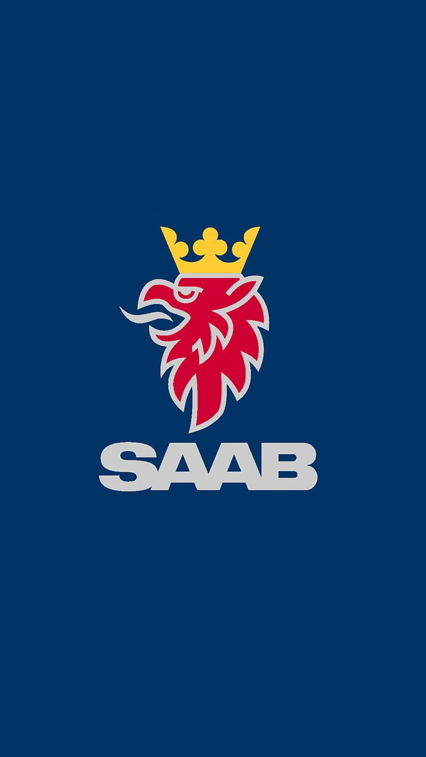 Red griffin wearing a gold crown above grey Saab text, centered on a solid blue background for phone displays.