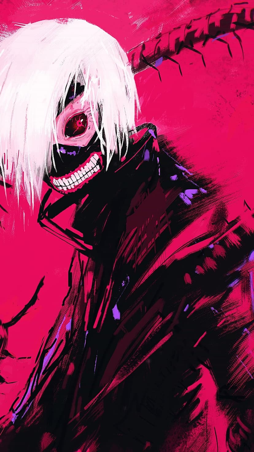 Ken Kaneki with white hair, a red Kakugan eye, and sharp teeth amidst red Kagune on a bright pink background.
