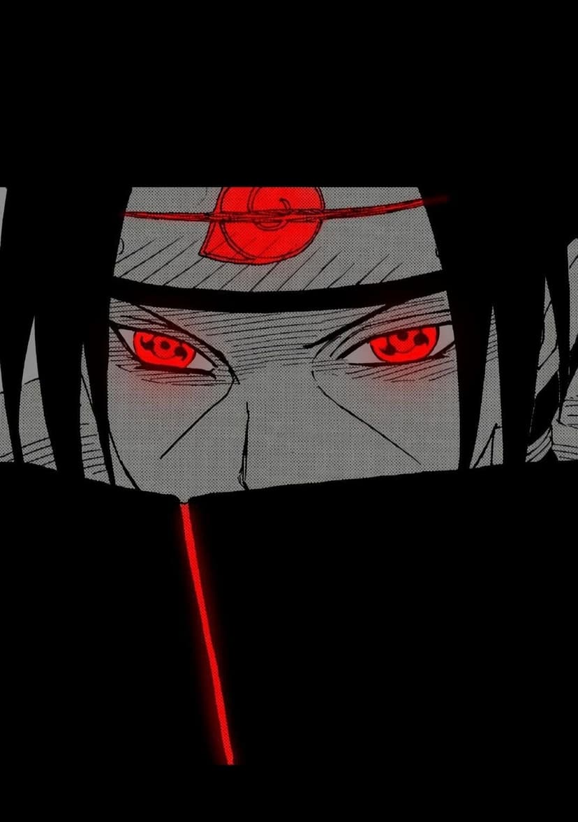 Red sharingan eyes with black pupils glow beneath a dark headband and textured cloak in a close-up view.