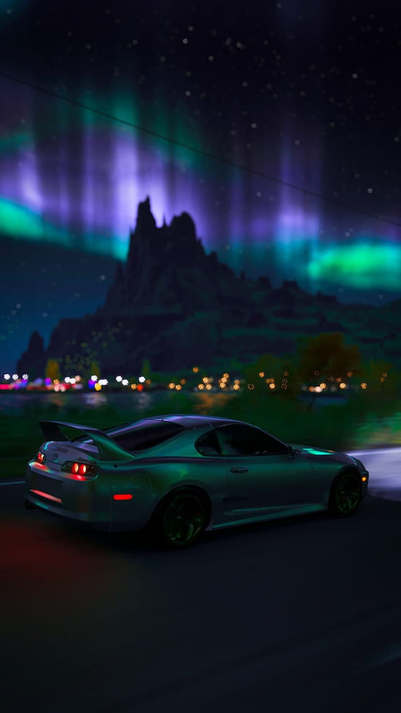 Teal supercar driving on a dark road beneath a vibrant green and purple aurora borealis in a starry night sky.