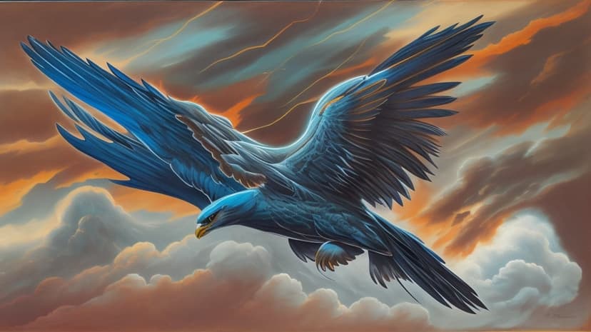 Blue eagle with wide wingspan flies amidst swirling colorful storm clouds and dramatic atmospheric lighting.