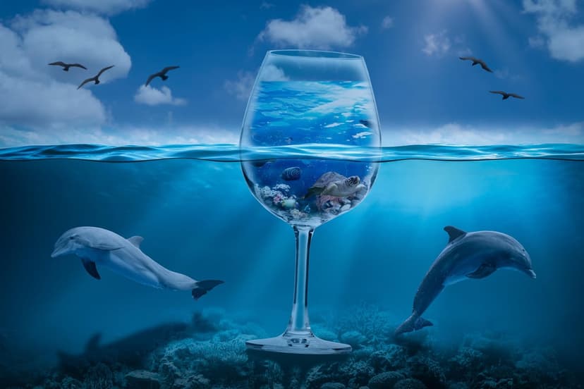 Sea turtle swims near coral inside a wine glass while dolphins dive through ocean waves in a blue fantasy sky.