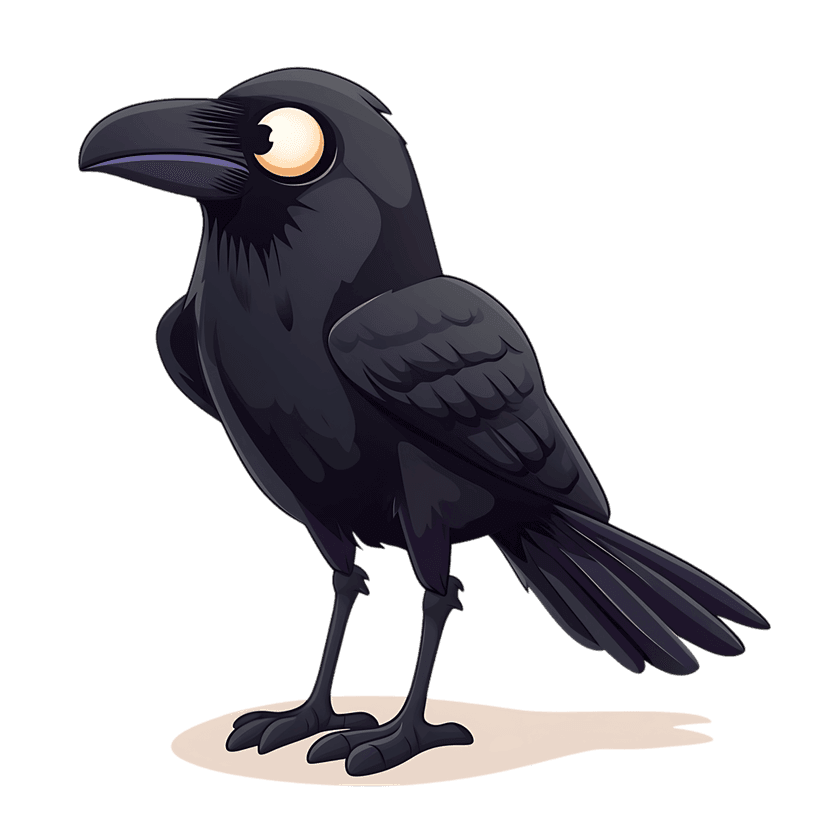 Black crow illustration with large yellow eyes and fluffy feathers standing on a light oval base against black.