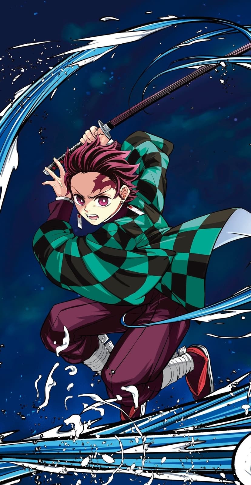 Tanjiro Kamado swings his black sword as luminous blue water spirals form against a dark starry backdrop.