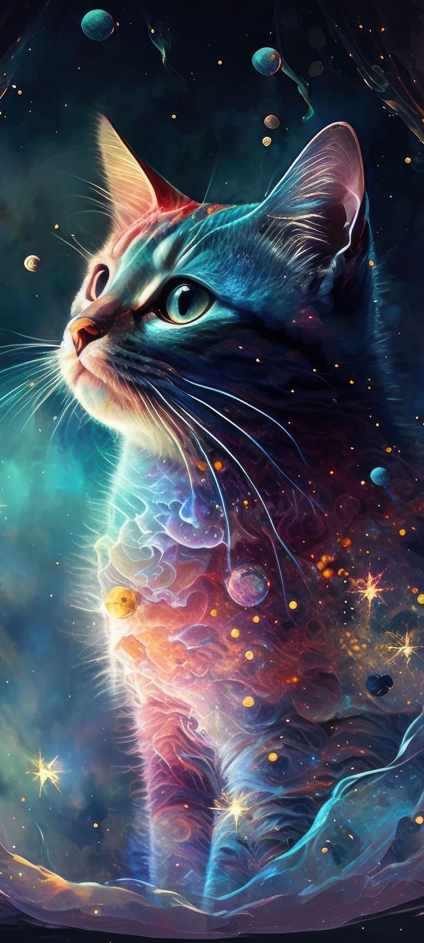 Luminous cat with glowing eyes sits centered within a colorful nebula of purple gases and distant golden planets.