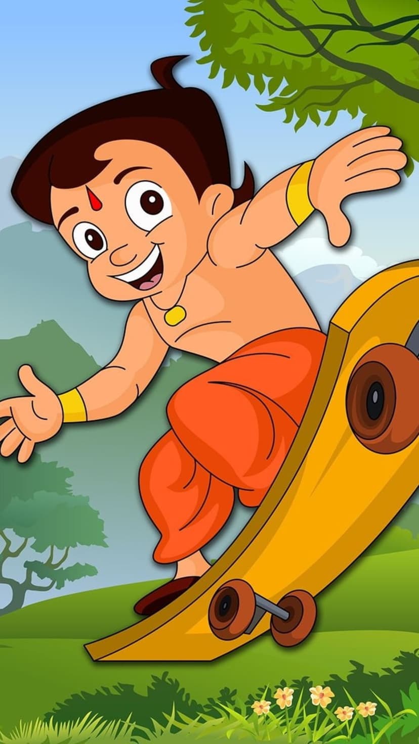 Chhota Bheem balancing on a yellow skateboard while gliding through a green valley with small flowers.