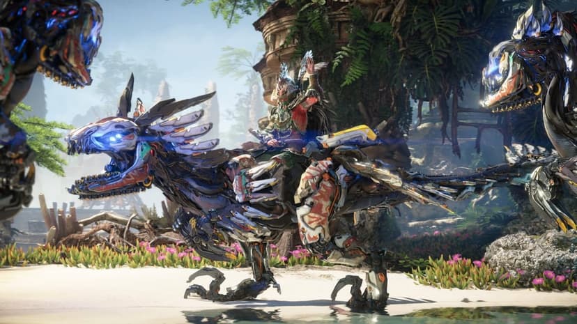 Tribal warrior rides a mechanical raptor along a tropical beach with glowing blue eyes and lush foliage.
