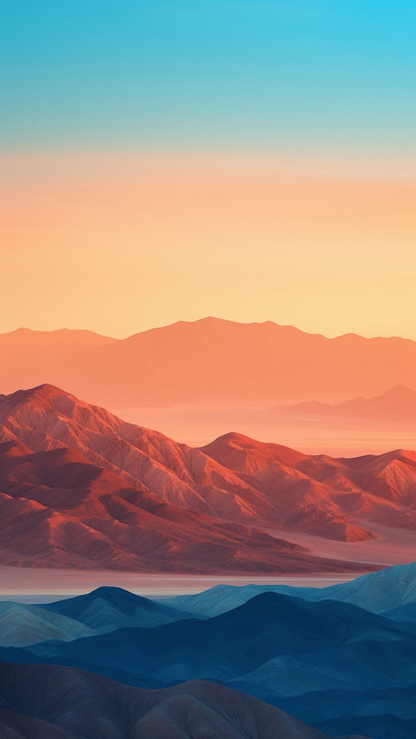 Multi-layered mountain ranges transition from warm orange to deep blue under a soft turquoise sunset sky.